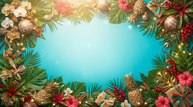 Tropical festive frame with green foliage, flowers, golden pineapples and gift boxes on blue background