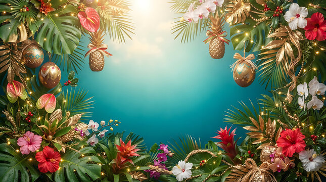Tropical foliage frame with colorful flowers, golden pineapples and Christmas lights over blue background