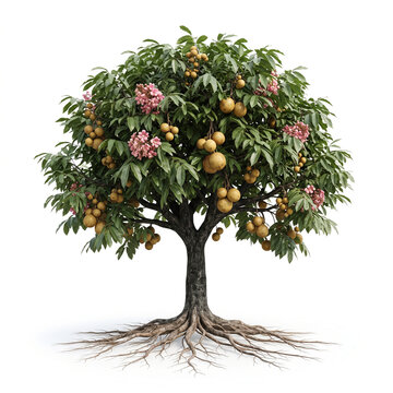 Bacuri tree, mature full tree bearing round yellow-brown bacuri fruits, exposed visible roots, 11 ratio, isolated on seamless pure white background, centered composition
