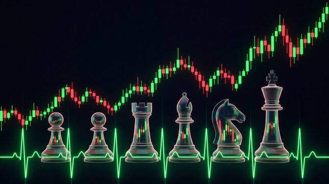 Glass chess pieces arranged with financial stock market charts