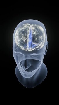 Medical animation of brain anatomy in vertical view - Digital 3D rendering showing internal brain structures and neural pathways.
