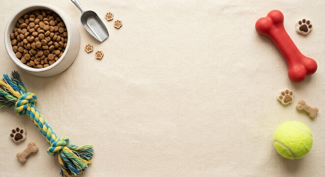 Pet care flat lay with dog food bowl, bone toy, tennis ball and rope toy on warm cream background with copy space, top view