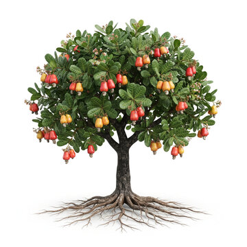 Cashew tree, mature full tree bearing colorful cashew apples with attached cashew nuts, exposed visible roots, 11 ratio, isolated on seamless pure white background