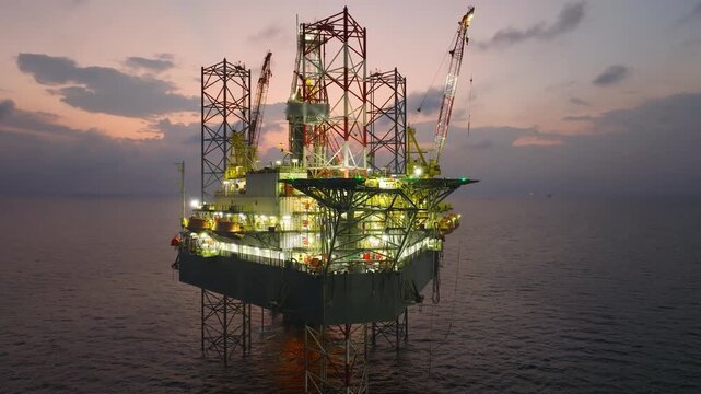 Aerial view of offshore jack up rig and offshore platform during sunset for oil and gas exploration and production. 