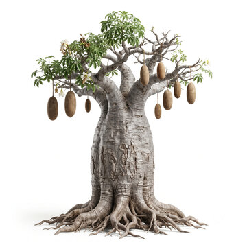 Baobab tree, massive mature tree with thick swollen trunk and sparse canopy, bearing baobab fruits, exposed visible roots, 11 ratio, isolated on seamless pure white background