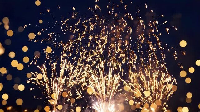 Beautiful golden fireworks display in the night sky with soft bokeh lights, festive celebration background
