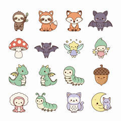 Fototapeta premium Set of cute kawaii forest animal and magical creature illustrations.