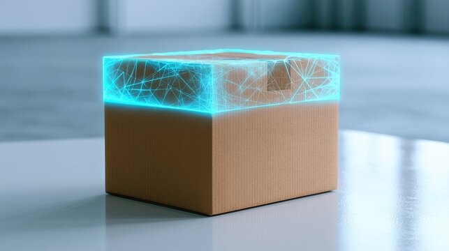 Cardboard box with glowing blue network overlay on smooth surface