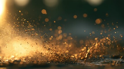 Fototapeta premium Golden dust particles erupting in a sunlit splash, creating motion