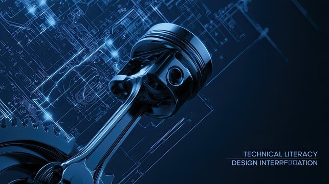 Gleaming engine piston and connecting rod against blueprint schematics