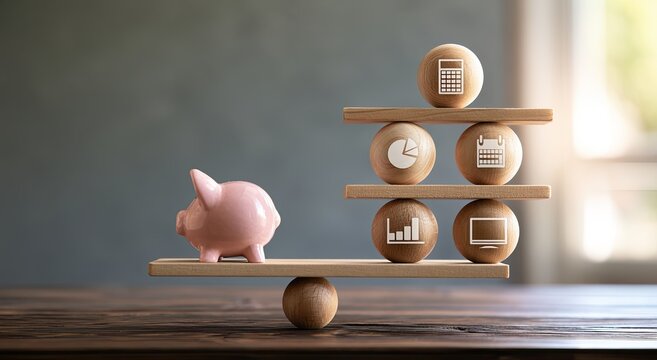 Pink piggy bank balances against wooden blocks with financial icons