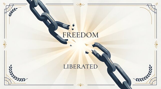 A contemporary flat vector banner with little text, a broken chain as a sign of liberation, and a respectful remembrance approach