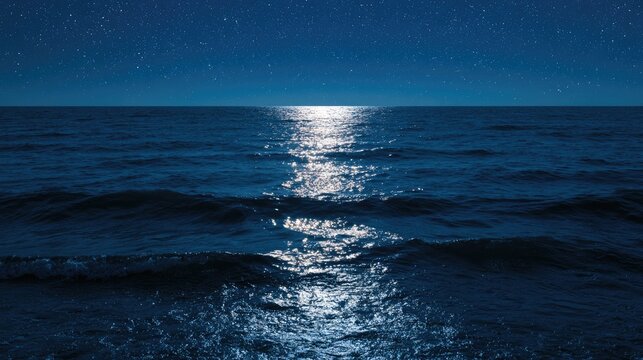 Moonlit ocean waves reflect shimmering light under a star-filled night sky