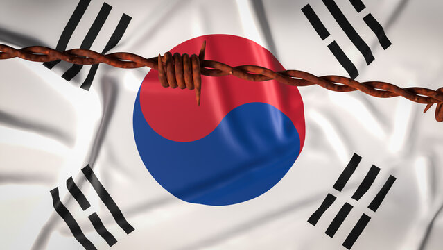 South Korean Economy Under Pressure Behind Barbed Wire 3d render.
