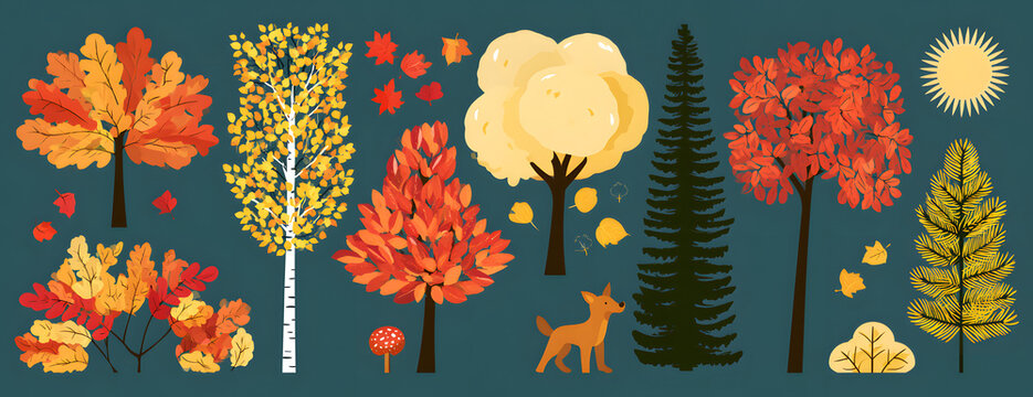 autumn-themed vector illustrations featuring adorable trees and shrubs such as oak, birch, aspen, linden, fir, and dog