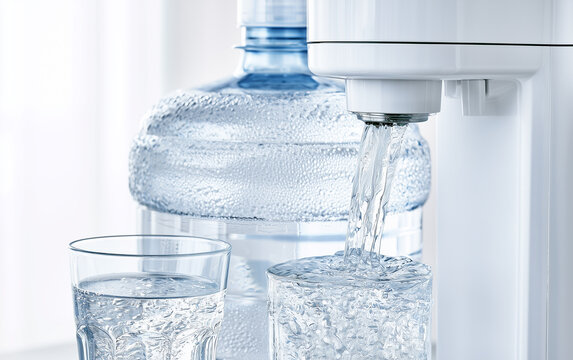 Large transparent water bottle mounted on a modern water cooler, crystal clear purified water with sparkling highlights and condensation droplets