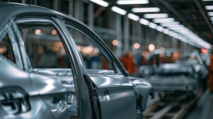 Naklejka premium Unfinished car bodies on assembly line, interior view with open door
