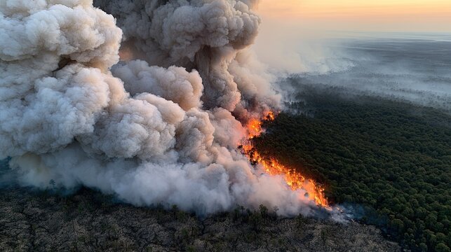 Vast forest ablaze, thick smoke billows skyward, intense flames consume trees