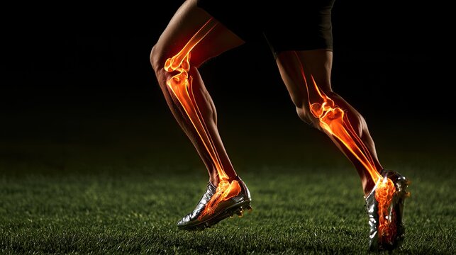 Runner's legs highlighted with glowing orange bones on grass at night