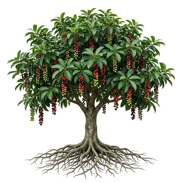 Bignay tree, mature full tree bearing long clusters of glossy red and black bignay berries, exposed visible roots, 11 ratio, isolated on seamless pure white background