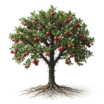 Governor's Plum tree, mature thorny tree bearing glossy red governor's plum fruits, exposed visible roots, 11 ratio, isolated on seamless pure white background