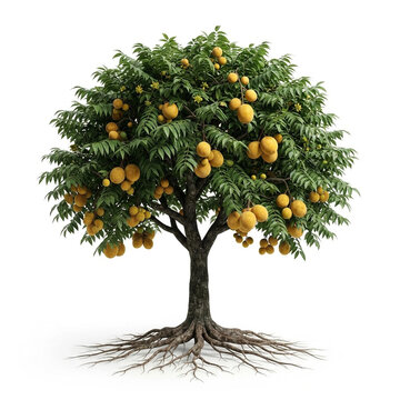 Pitomba tree, mature full tree bearing golden-yellow pitomba fruits, exposed visible roots, 11 ratio, isolated on seamless pure white background