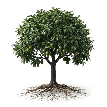 Black Sapote tree, mature full tree bearing glossy green black sapote fruits, exposed visible roots, 11 ratio, isolated on seamless pure white background