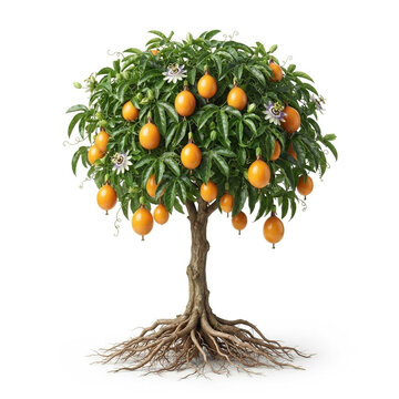 Sweet Granadilla vine trained as a compact fruiting tree, mature plant bearing orange sweet granadilla fruits, exposed visible roots, 11 ratio, isolated on seamless pure white background