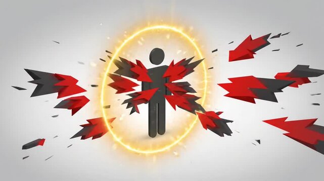 3D person silhouette within glowing golden energy rings.