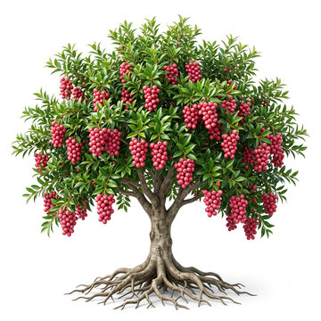 Riberry tree, mature full tree bearing dense clusters of glossy pink-red Riberries, exposed visible roots, 11 ratio, isolated on seamless pure white background