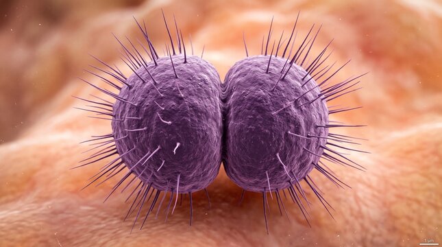 Microscopic 3D rendering of purple spiked bacteria cells