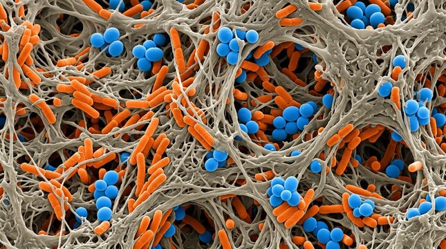 Microscopic bacilli and cocci bacteria in a fibrous mesh