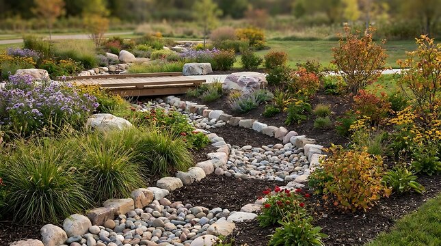 A small decorative stone creek with a wooden bridge in a beautiful green backyard garden. bioswale