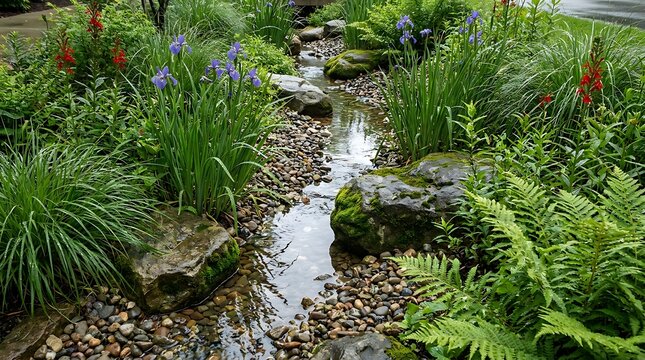 Small clear water stream flowing through a lush green garden with rocks and purple flowers. bioswale