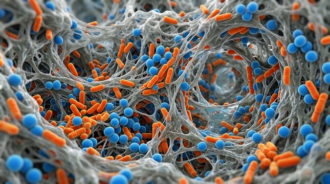 Microscopic bacilli and cocci bacteria in a fibrous mesh