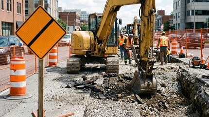 Fototapeta premium Construction site with excavator and workers on a city street with traffic cones and signs