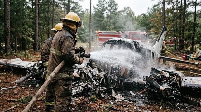 Firefighters extinguish a crashed airplane in a forest with water spray