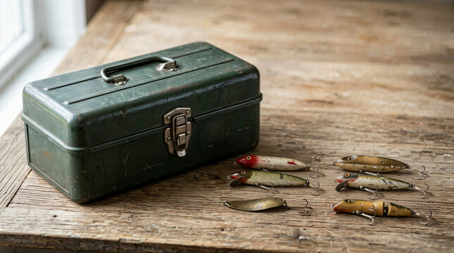 Vintage fishing tackle box with lures on rustic wooden table  