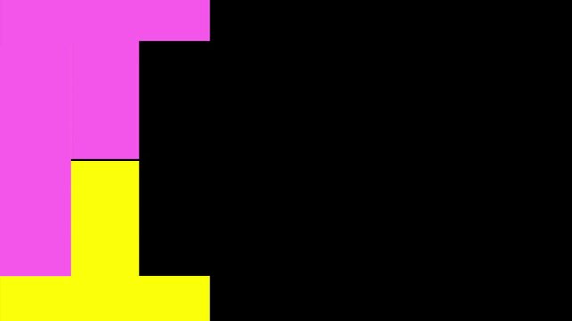 Vibrant pixelated geometric blocks animating on a solid black background. Perfect for retro arcade designs, glowing 8-bit transitions, and abstract colorful motion graphics.