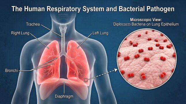 Human respiratory system with Diplococci bacteria microscopic view