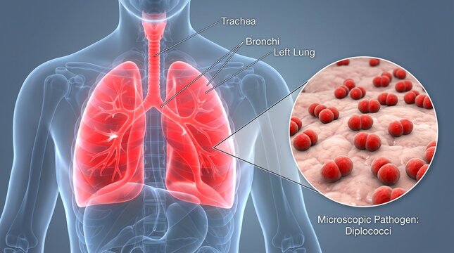 Human respiratory system with Diplococci bacteria microscopic view