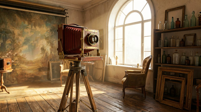 Vintage camera on tripod in artist studio with natural light  