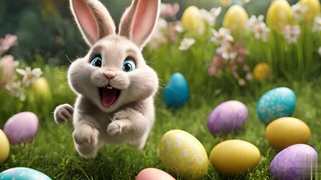 Cartoon-style white Easter bunny holding colorful eggs in cheerful spring garden with vibrant grass and flowers.
