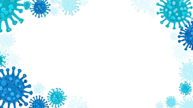 Numerous blue spiky viral particles form a decorative border