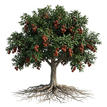 Velvet Apple tree, mature full tree bearing velvety reddish-brown Mabolo fruits, exposed visible roots, 11 ratio, isolated on seamless pure white background