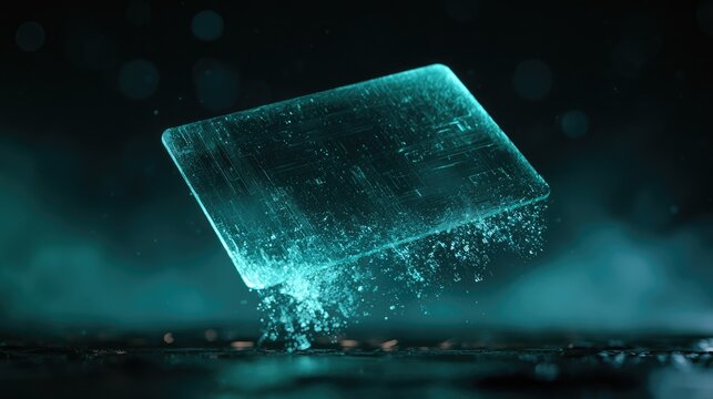 A glowing, translucent rectangular object disintegrates into particles and light