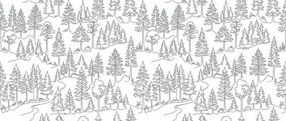 Fototapeta premium Abstract Forest Pattern with Trees and Hills Line Art