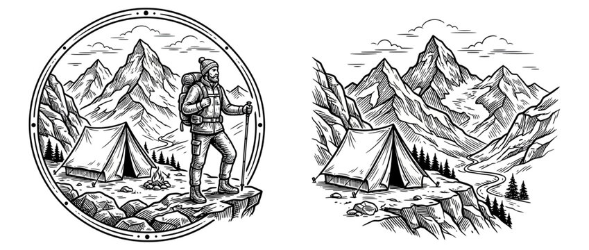 Hiker with Tent in Mountain Landscape, Sketch Style