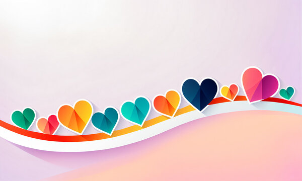 a wavy row of colorful gradient hearts in various sizes arranged along a curved rainbow ribbon line over a bright pastel surface with gentle shadows