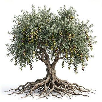 Pendolino Olive tree, mature full tree bearing clusters of Pendolino olives, exposed visible roots, 11 ratio, isolated on seamless pure white background
